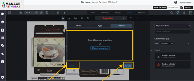 Upload an image as a signature for the packaging artwork