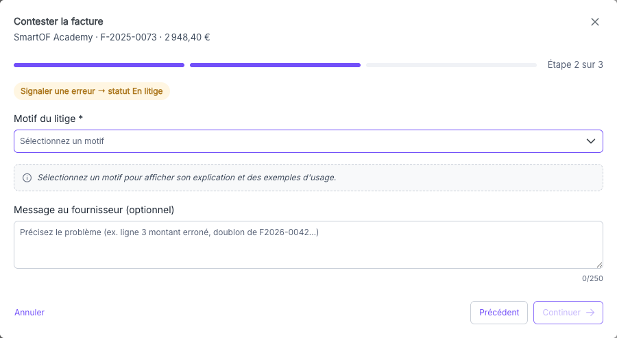 Sélection du motif de contestation
