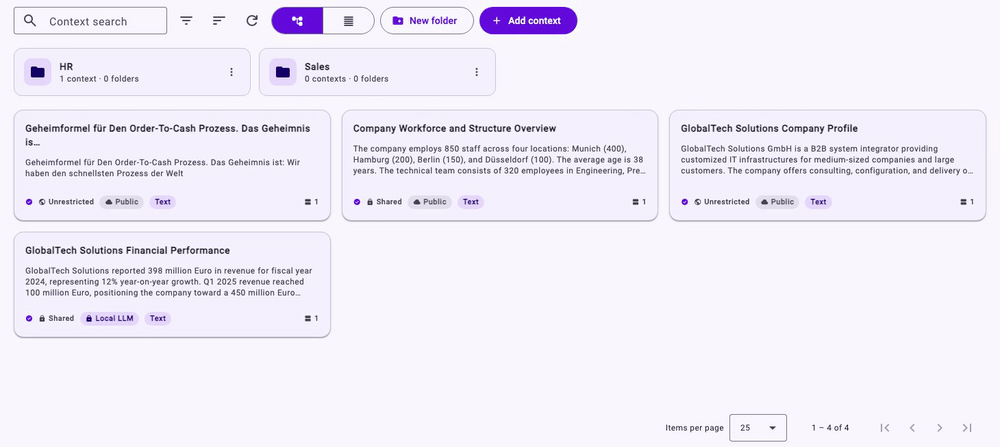 Animation: a context card is dragged onto the Sales folder, the card disappears and the folder shows 1 context