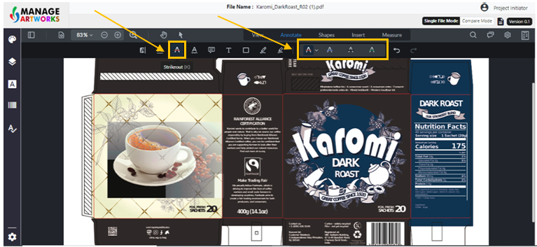 Annotation tool to strikethrough content on packaging artwork 