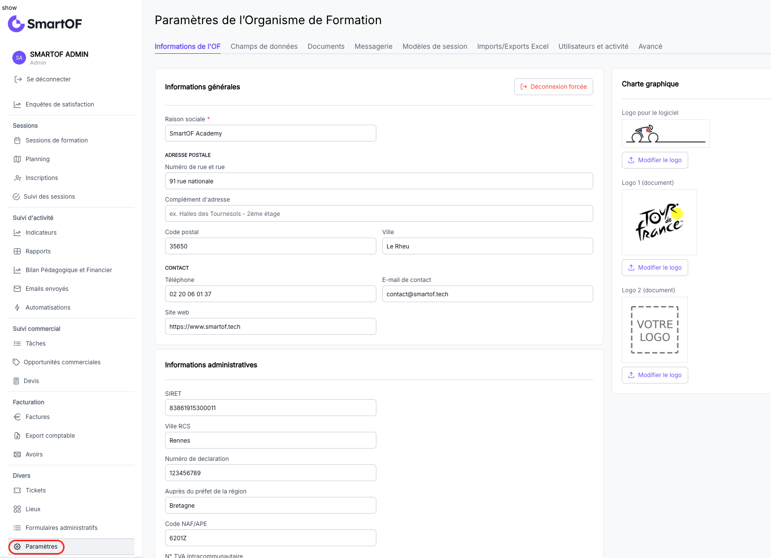 Bouton Paramètres dans le menu latéral, section Divers