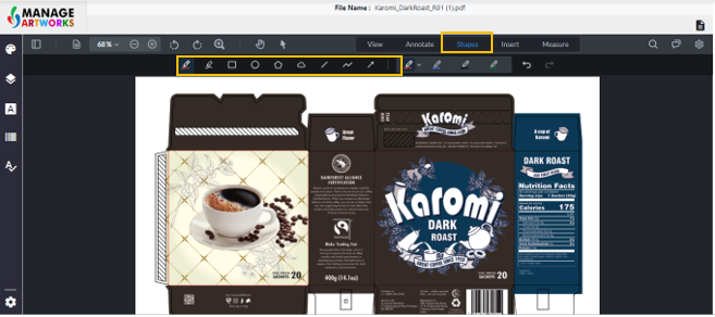 Insert shapes in your packaging artwork - free hand, circle, rectangle, polygon, cloud and line