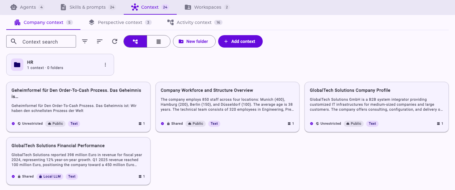The Context tab in the AI Hub with a folder and four context cards