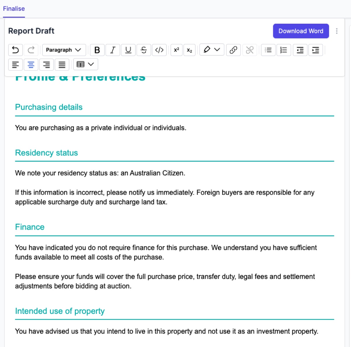 Report draft editor showing the toolbar, Download Word button, and rendered report content