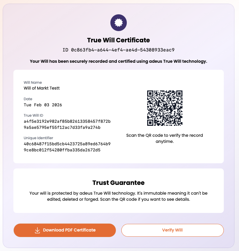 An image of the adeus True Will Certificate showing the QR code to scan to check the online blockchain record, and buttons to 'Download' or 'Verify Will'.