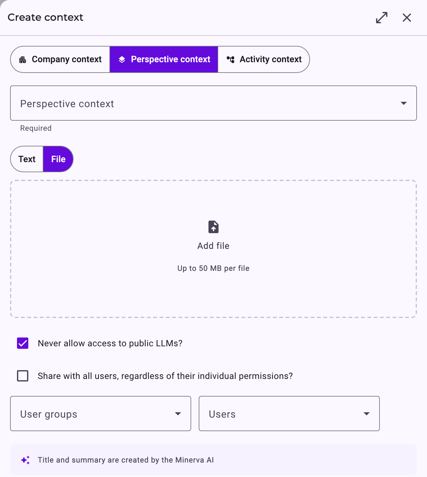 The Create context panel for perspective context with a file upload area