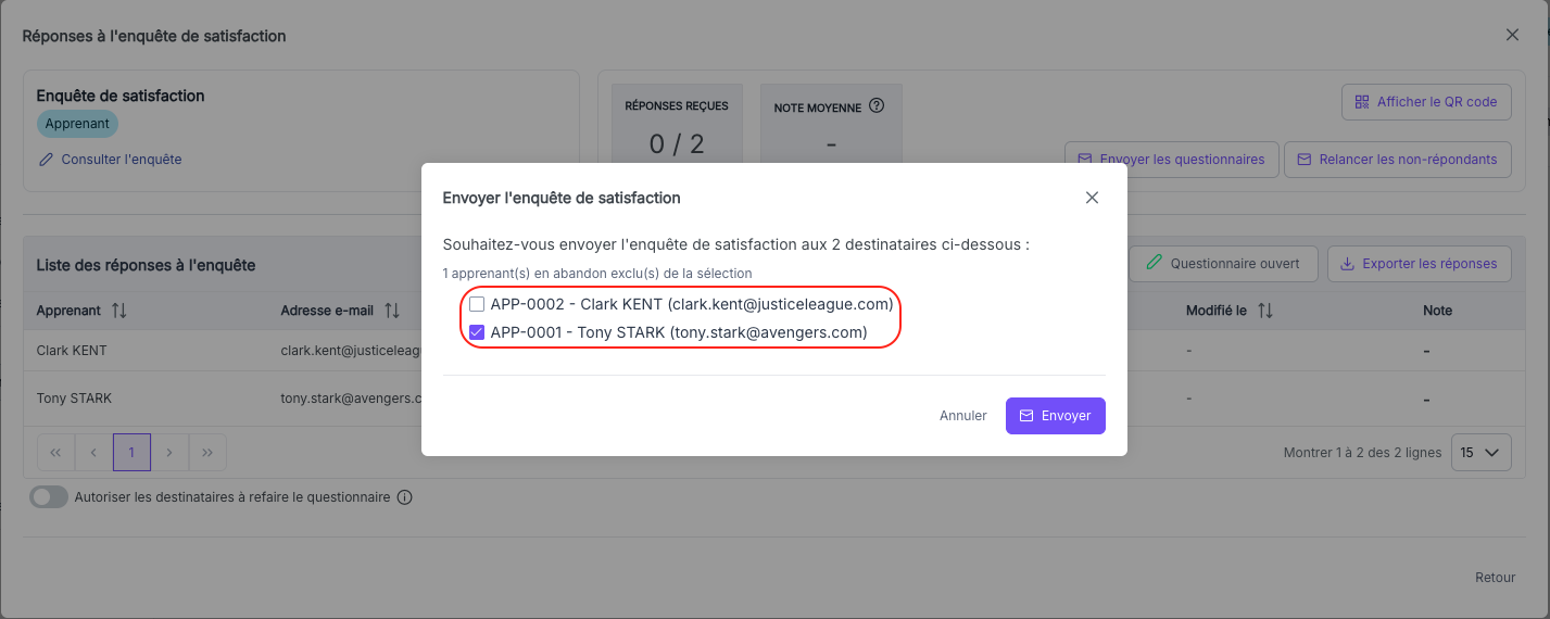 Bouton Envoyer les questionnaires et sélection des destinataires