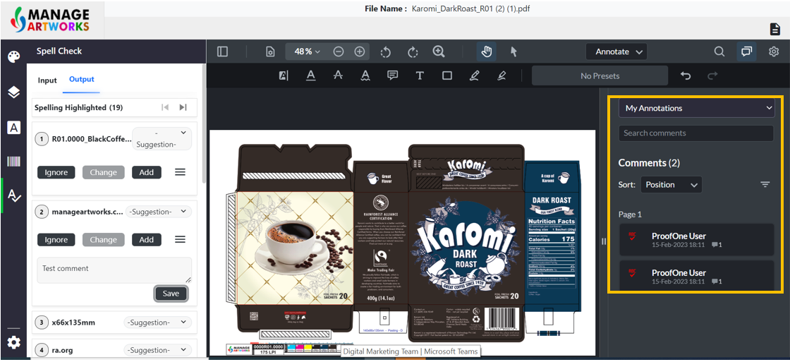 Automatic spellcheck for packaging artworks