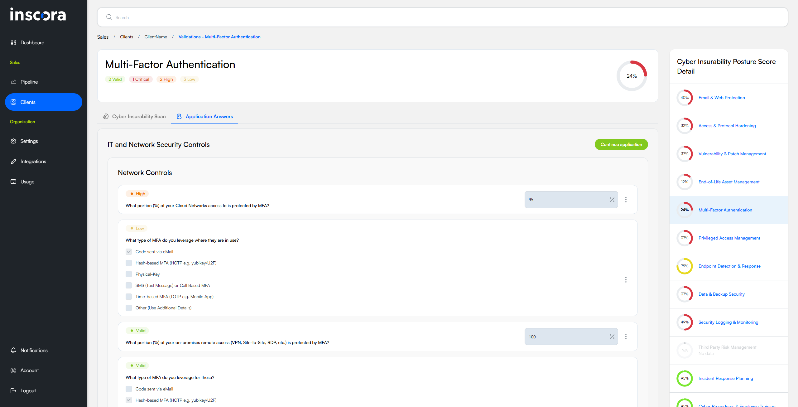 CIPScore detail for the Multi-Factor Authentication category, showing the Cyber Insurability Scan and Application Answers tabs. The Application Answers tab is active, displaying scored questions with severity badges. A Continue Application button appears in the top right.