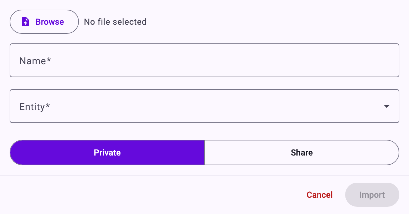 The panel Import perspective configuration with Browse, No file selected, Name, Entity, Private and Share, and the buttons Cancel and Import