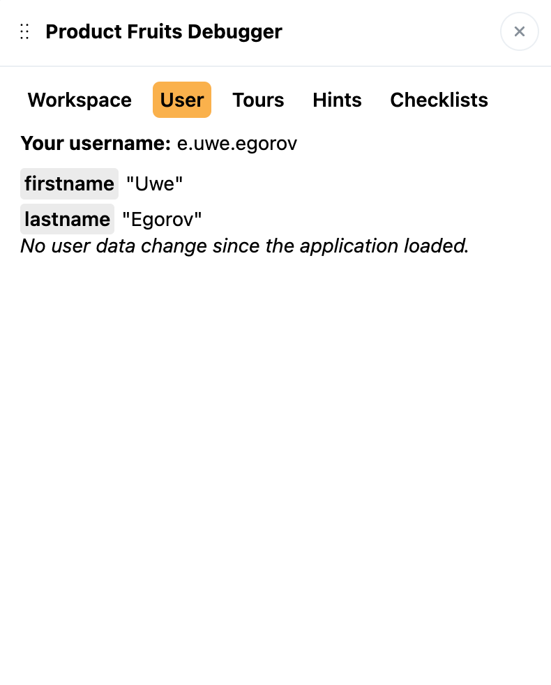 The Product Fruits Debugger showing the User information tab