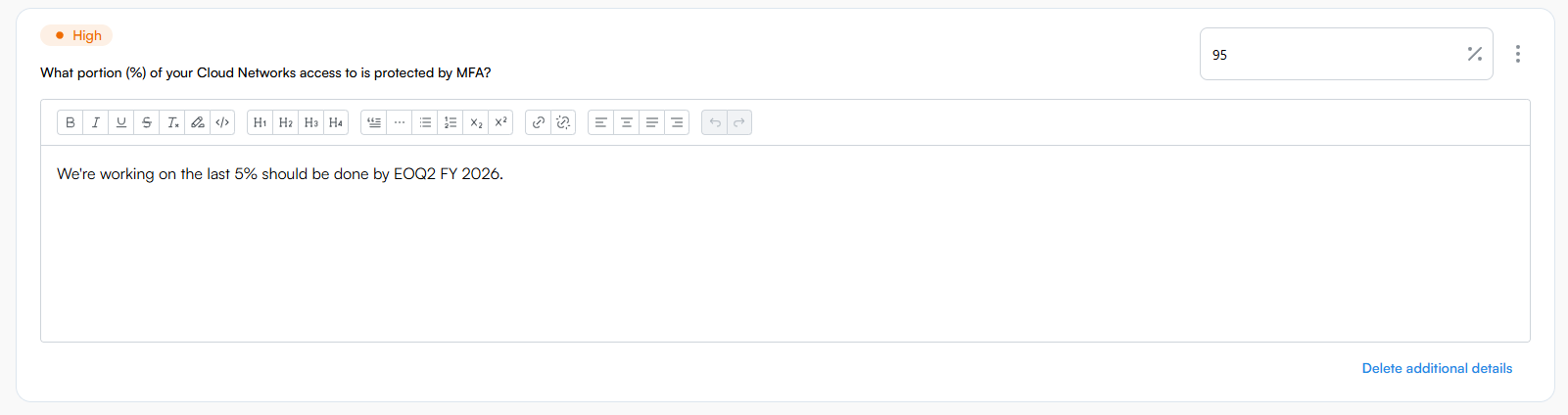 Additional details editor shown below an MFA question, with formatted text providing context about the answer.