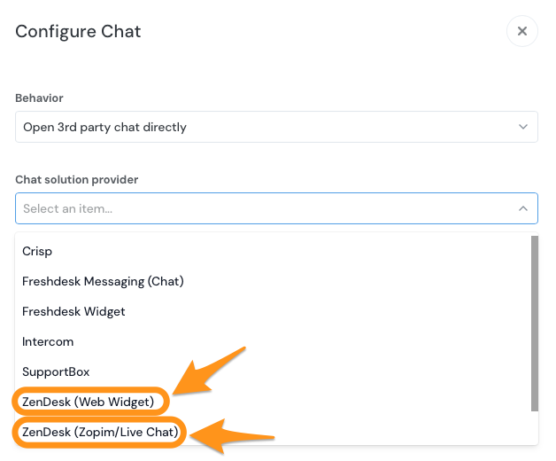 The Configure Chat screen highlighting the Zendesk Web Widget and the ZenDesk Zopim Live Chat options