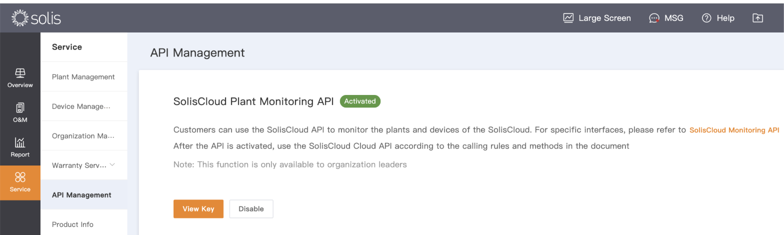 SolisCloud Service menu with API Management selected, showing the View Key button
