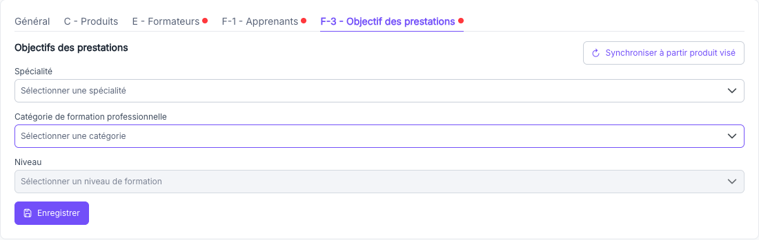 Onglet Objectifs avec les champs Spécialité, Catégorie et Niveau renseignés
