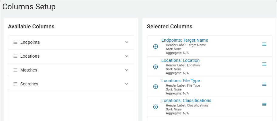 Column Setup for Classifications by Location report