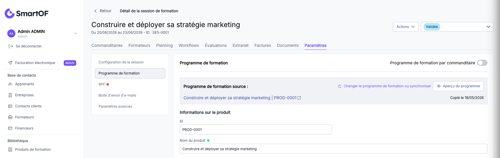 Onglet Programme de la fiche session avec le contenu hérité du produit