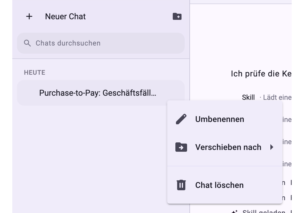 Die Chatliste mit Neuer Chat, Chats durchsuchen, einem Chat unter Heute und seinem Menü mit Umbenennen, Verschieben nach und Chat löschen