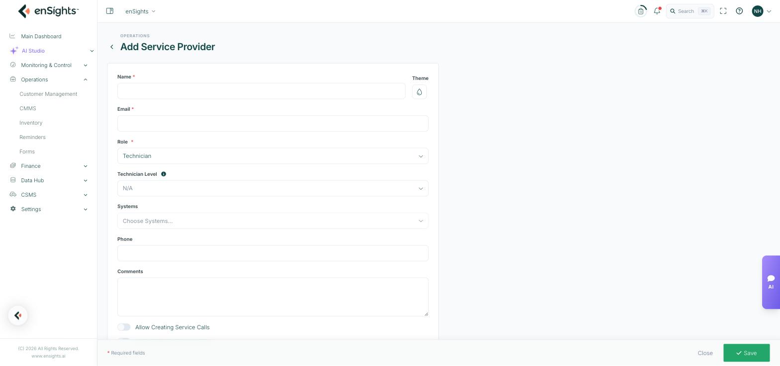 The Add Service Provider form with role, technician level, systems scope and permission toggles.