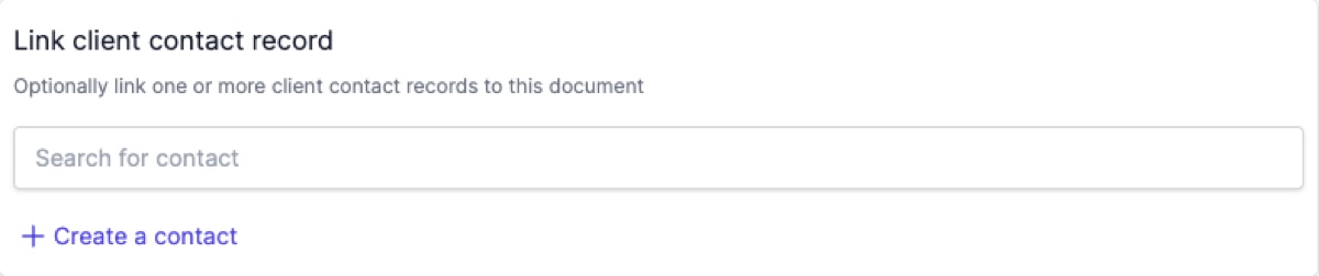 The Client tab on the review page showing the "Link client contact record" section with the contact search component