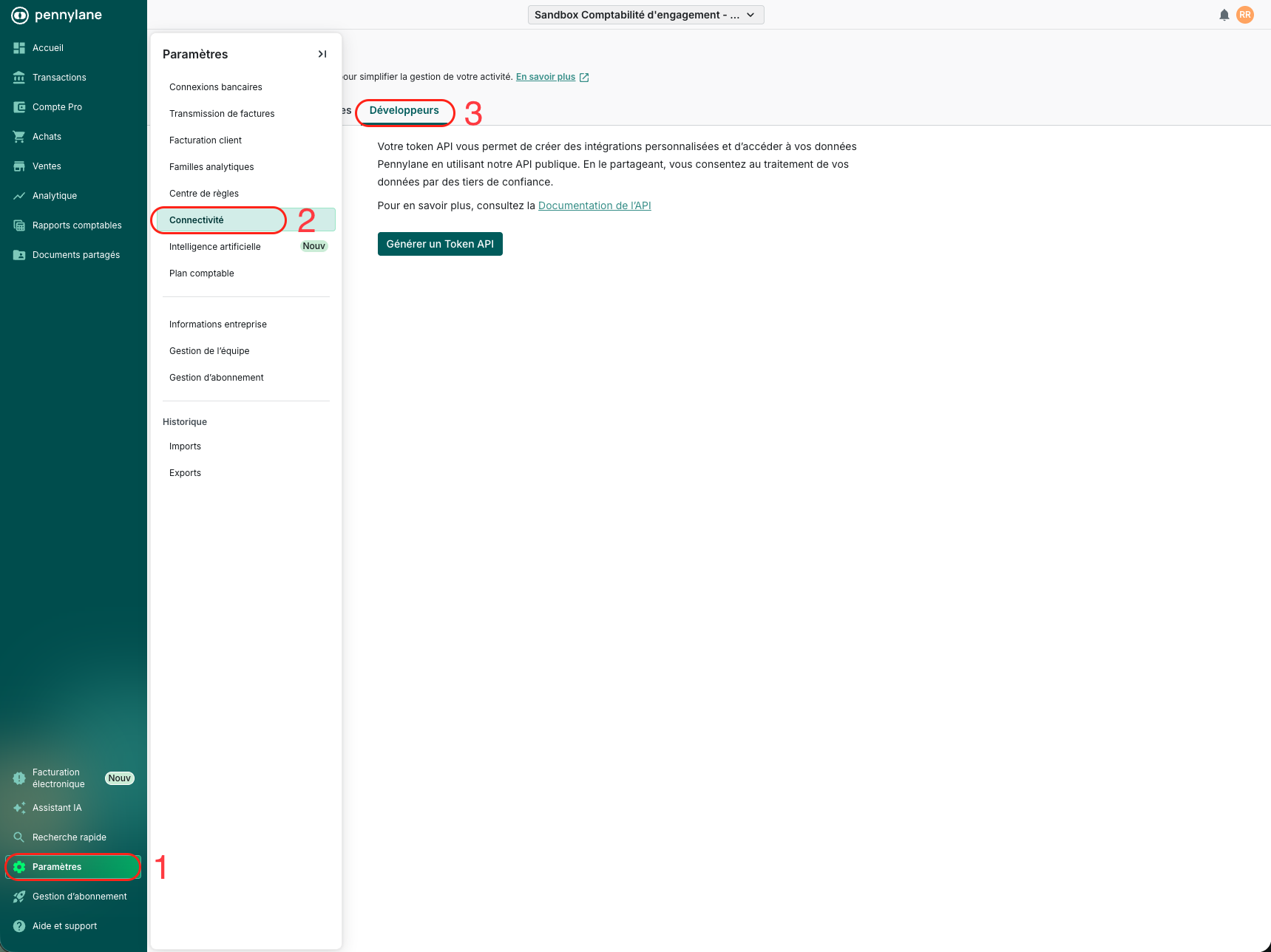 Écran Pennylane Paramètres Connectivité Développeurs avec bouton Générer un Token API