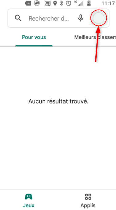 Rechercher 
Pour vous 
11:17 
Mealeurs lassen 
Aucun résultat trouvé. 
Applis 