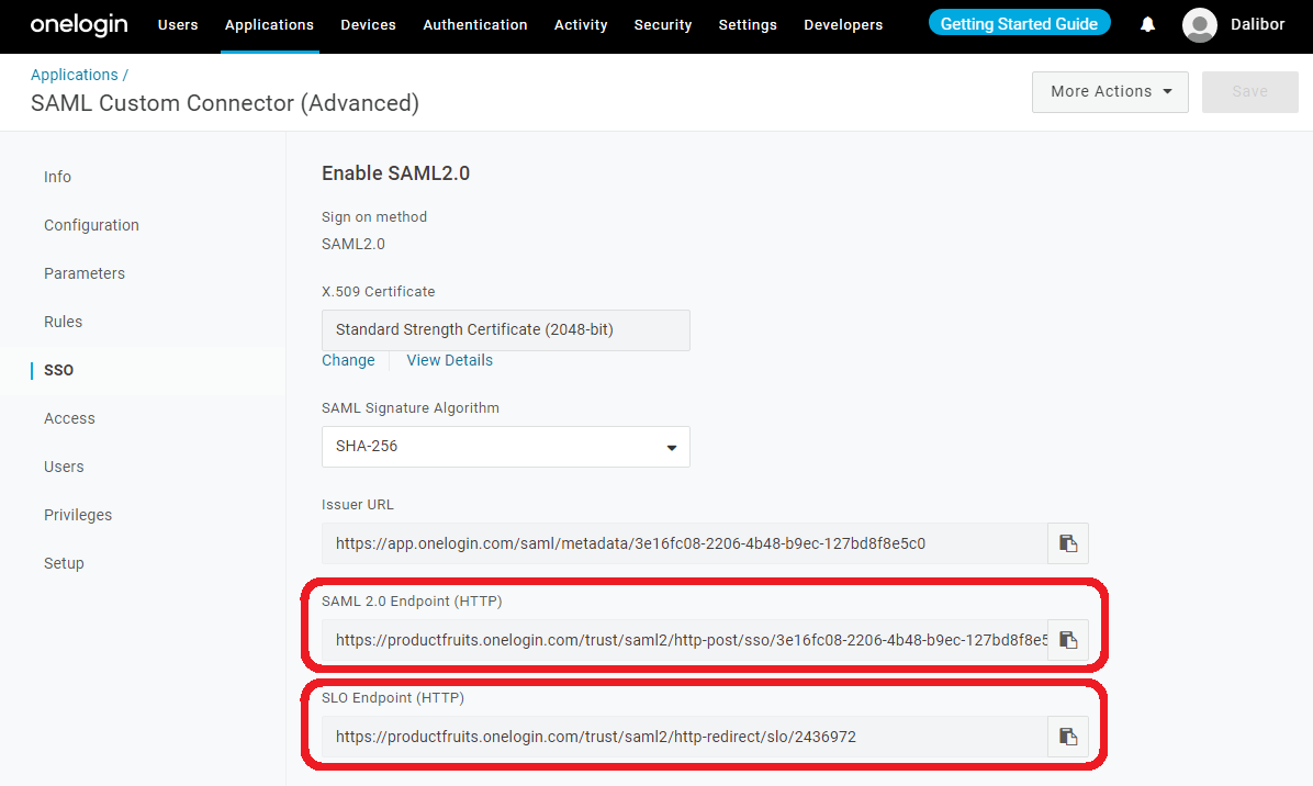 The One Login SAML Custom Connector Advanced page with SAML and SLO endpoints highlighted