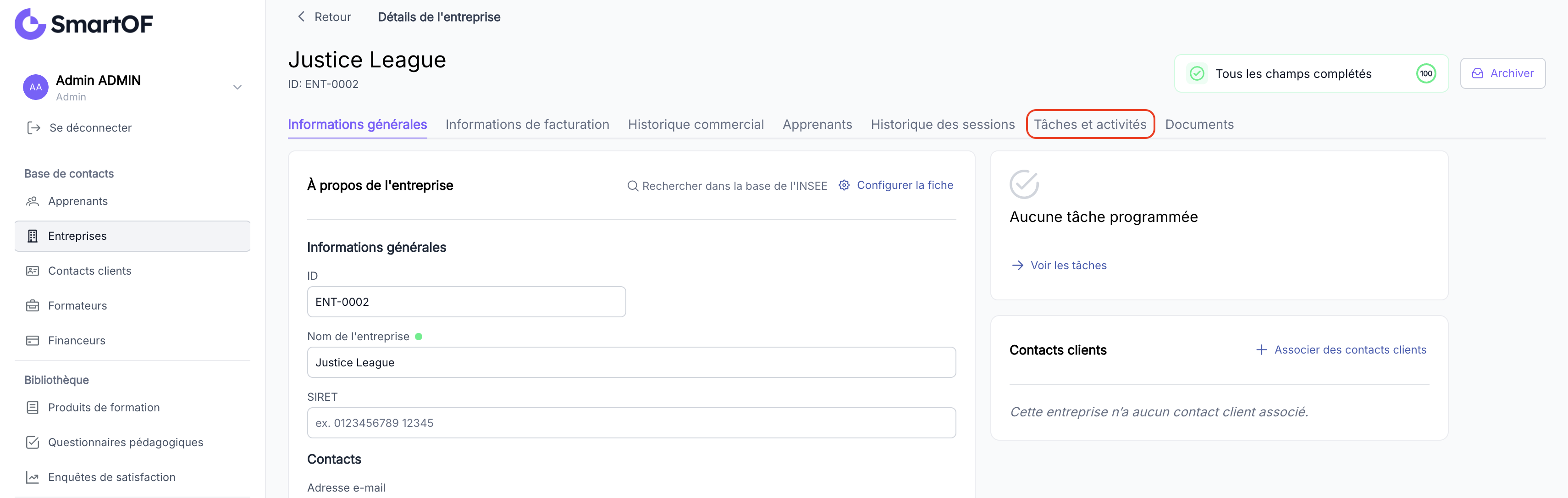 Onglet Tâches et activités sur la fiche entreprise
