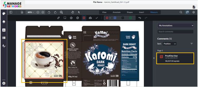 Calculated area of the measured element displayed on the packaging artwork