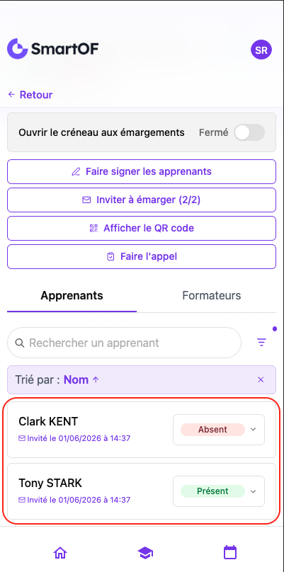 Récapitulatif des présences dans l'extranet formateur