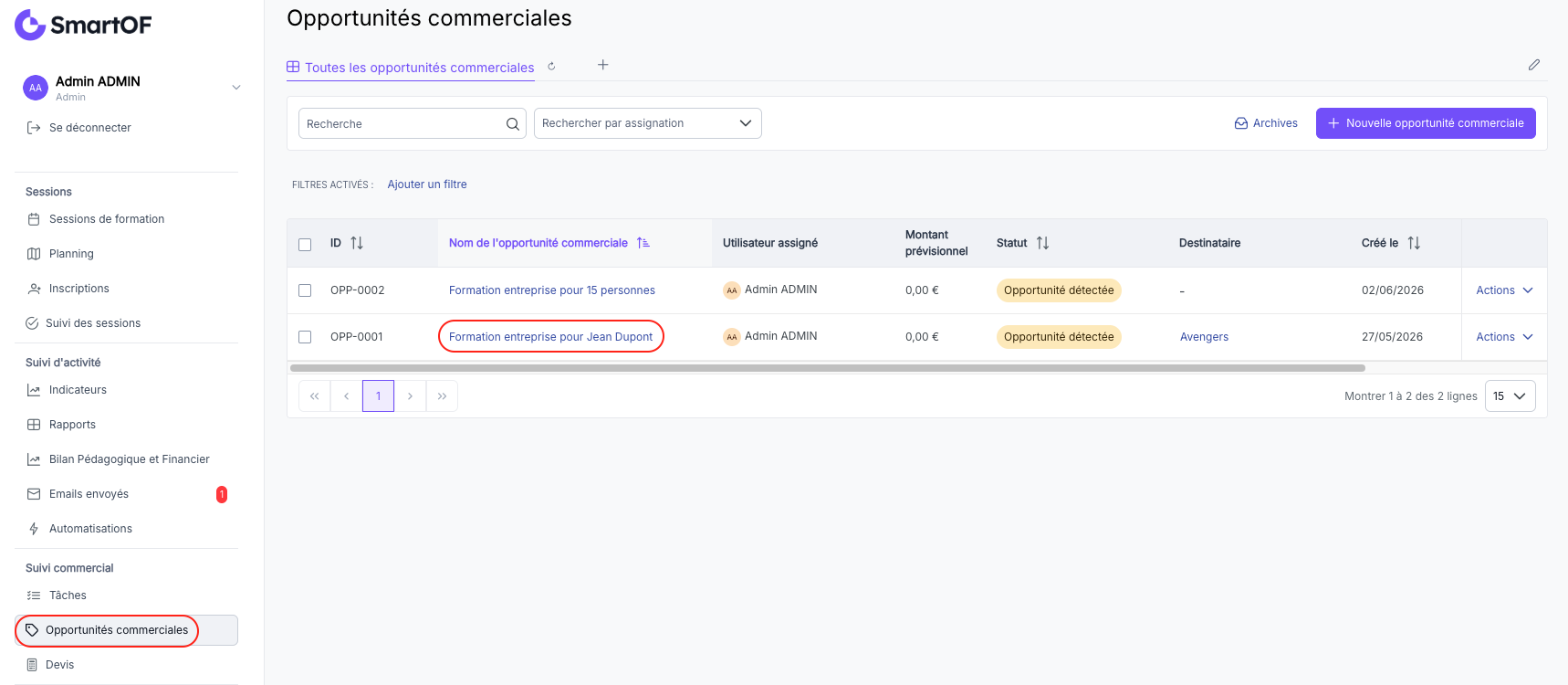 Liste des opportunités commerciales avec une opportunité sélectionnée