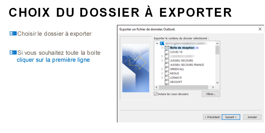 CHOIX DU DOSSIER À EXPORTER 
fi' hi « de 
Z Choisir le dossier à exporter 
ZSi vous souhaitez toute la boite 
cliquer sur la première ligne 
i 