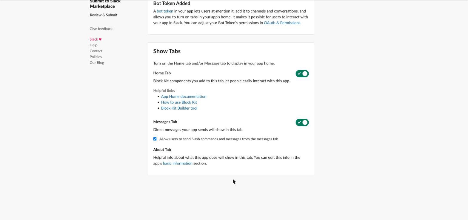 App Home settings in Slack with the Messages Tab turned on