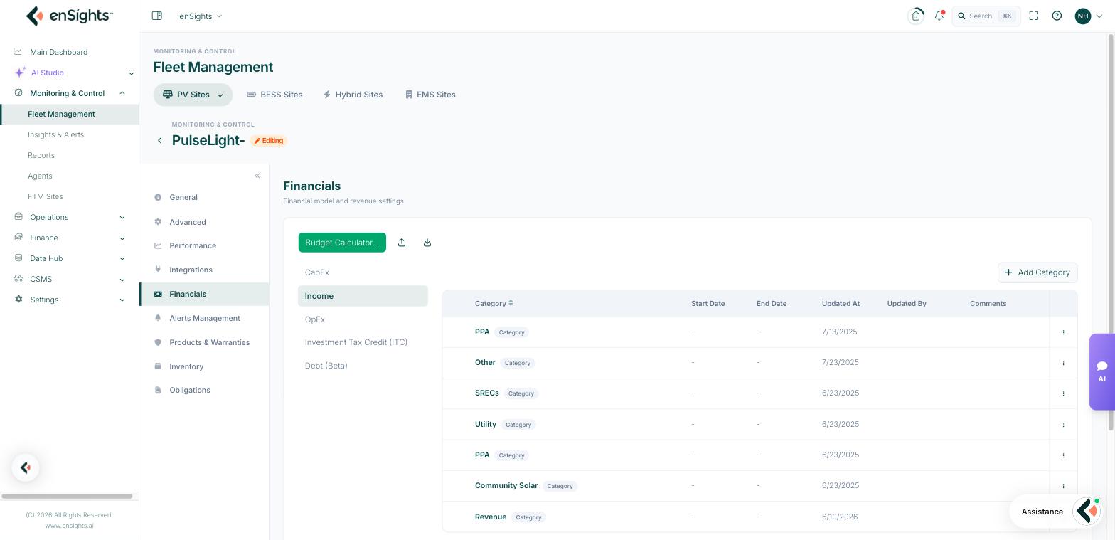 The Financials tab with income categories