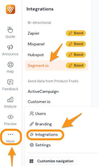 The Product Fruits administration nagivation menu on the integrations page with segment io highlighted