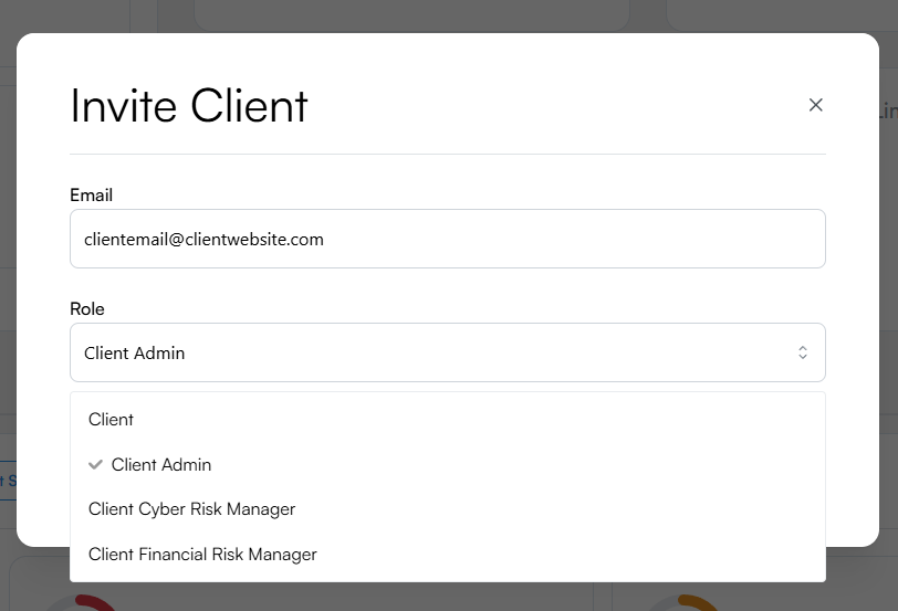 Share to Client modal showing the email field and role selector dropdown.