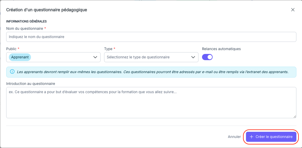 Fiche du questionnaire après création, onglet Questions vide