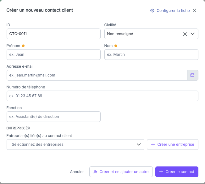 {Formulaire de création d'un contact client, champs identité visibles}