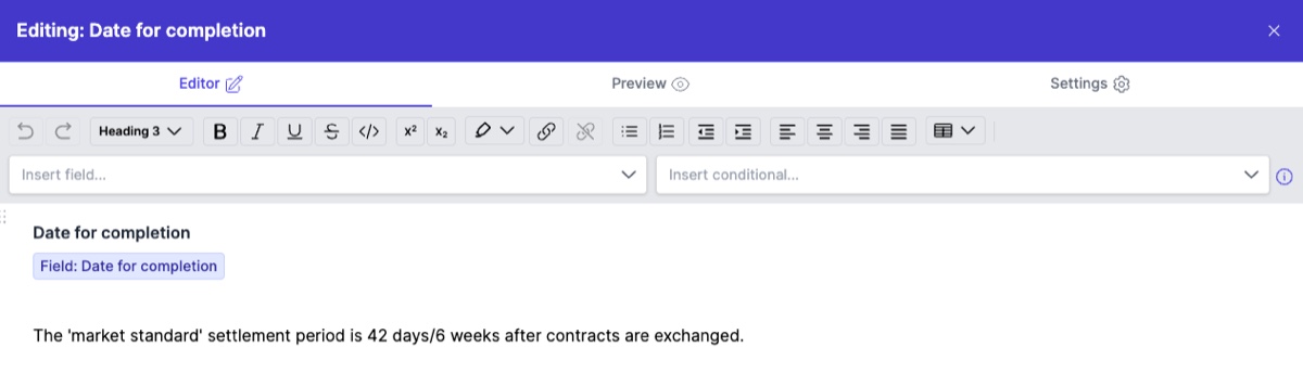 Item Editor panel showing the Editor tab with toolbar, merge tag, and content