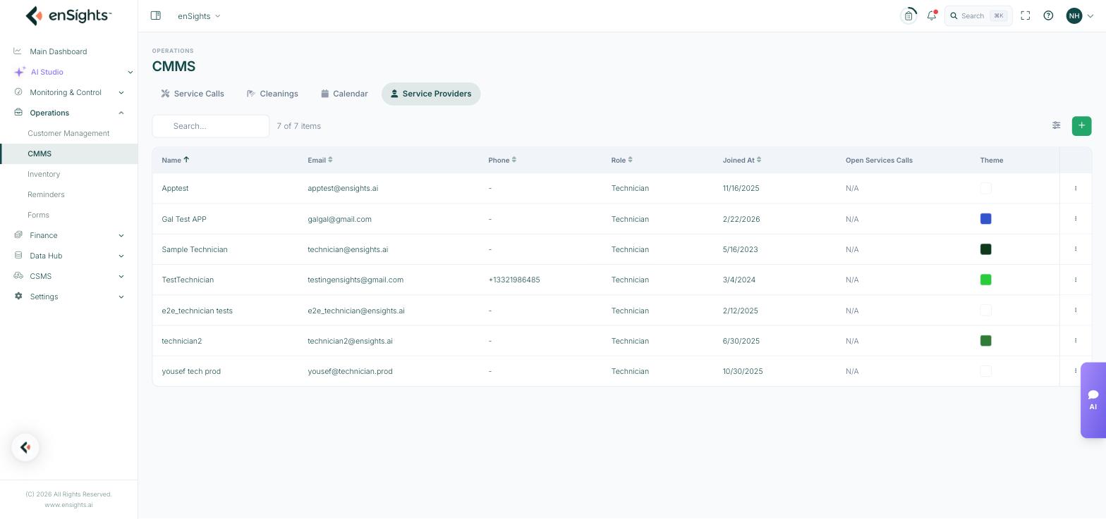 The service provider list with role, join date, open service calls and theme colour.