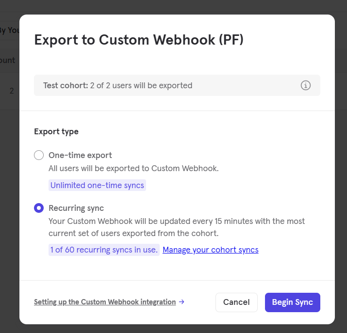An example of an Export to Custom Webhook sync in the Mixpanel platform