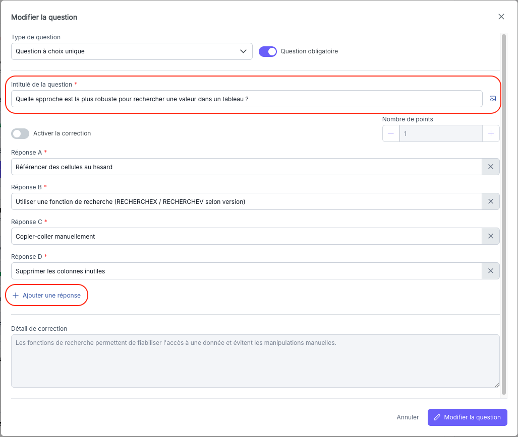 Saisie de l'intitulé et des options