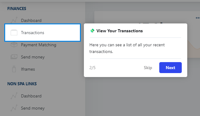 View your transactions tour card showing Transactions button as highlighted element