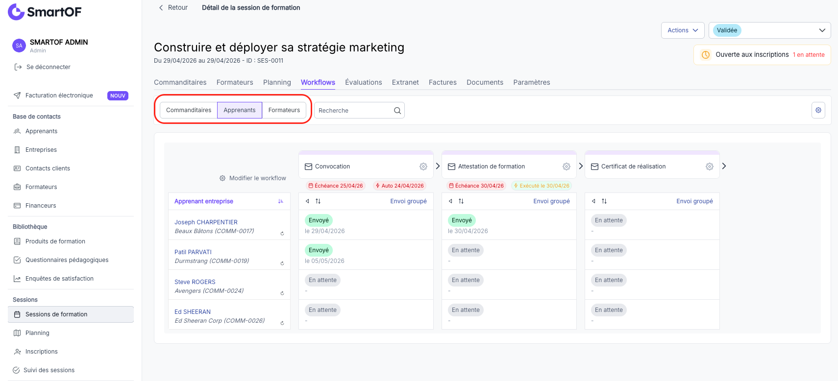 Onglet Workflows avec ses trois sous-onglets Commanditaires, Apprenants, Formateurs