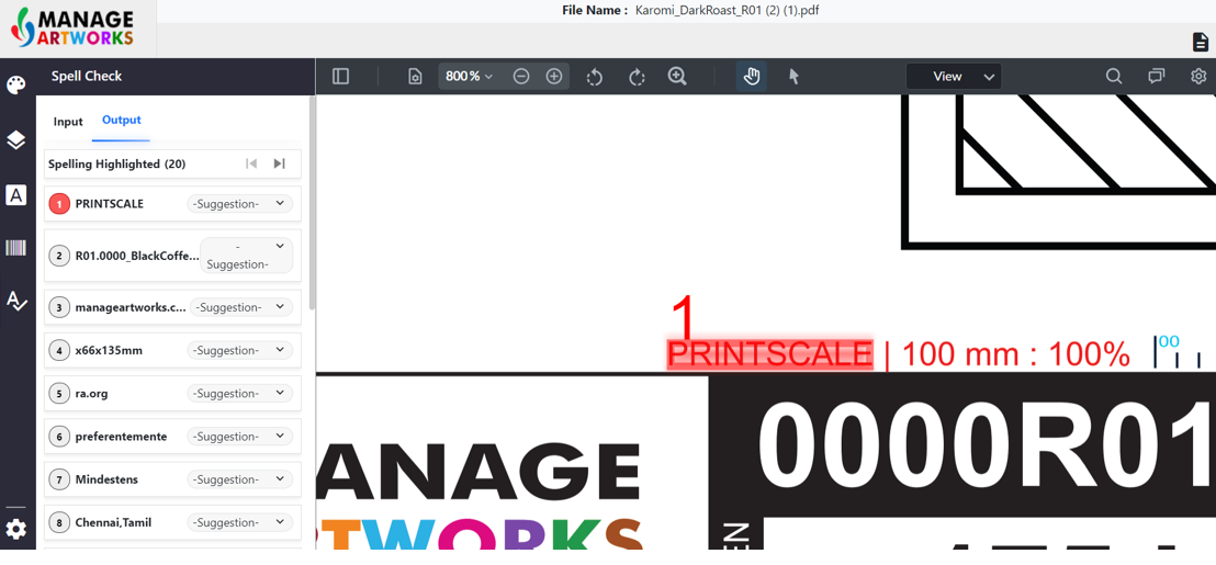 Automatic spellcheck for packaging artworks