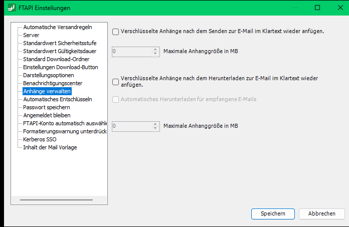 Einstellungen Anhänge verwalten: Optionen für Versand und Download