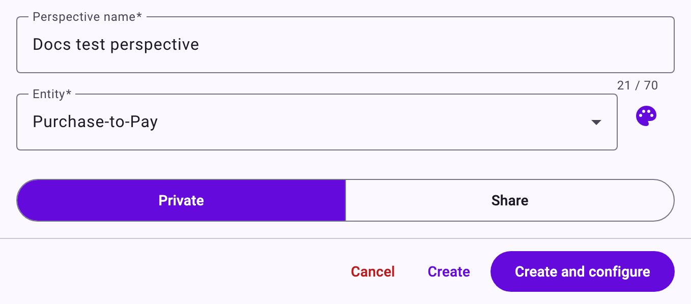 The panel for a new perspective: Perspective name Docs test perspective, Entity Purchase-to-Pay with the palette icon for the colour, Private selected, and the buttons Cancel, Create and Create and configure