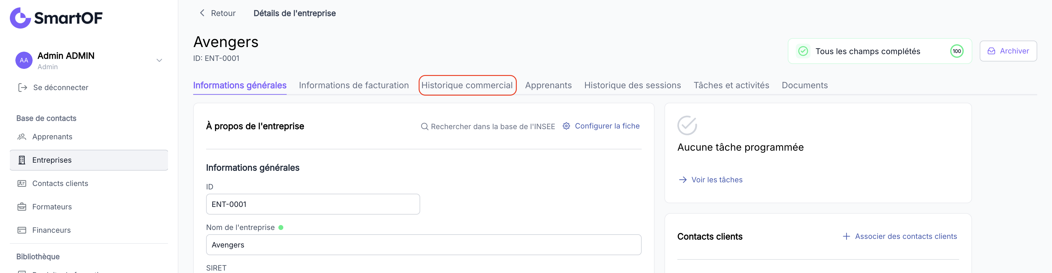 Onglet Historique commercial avec la liste des devis de l'entreprise
