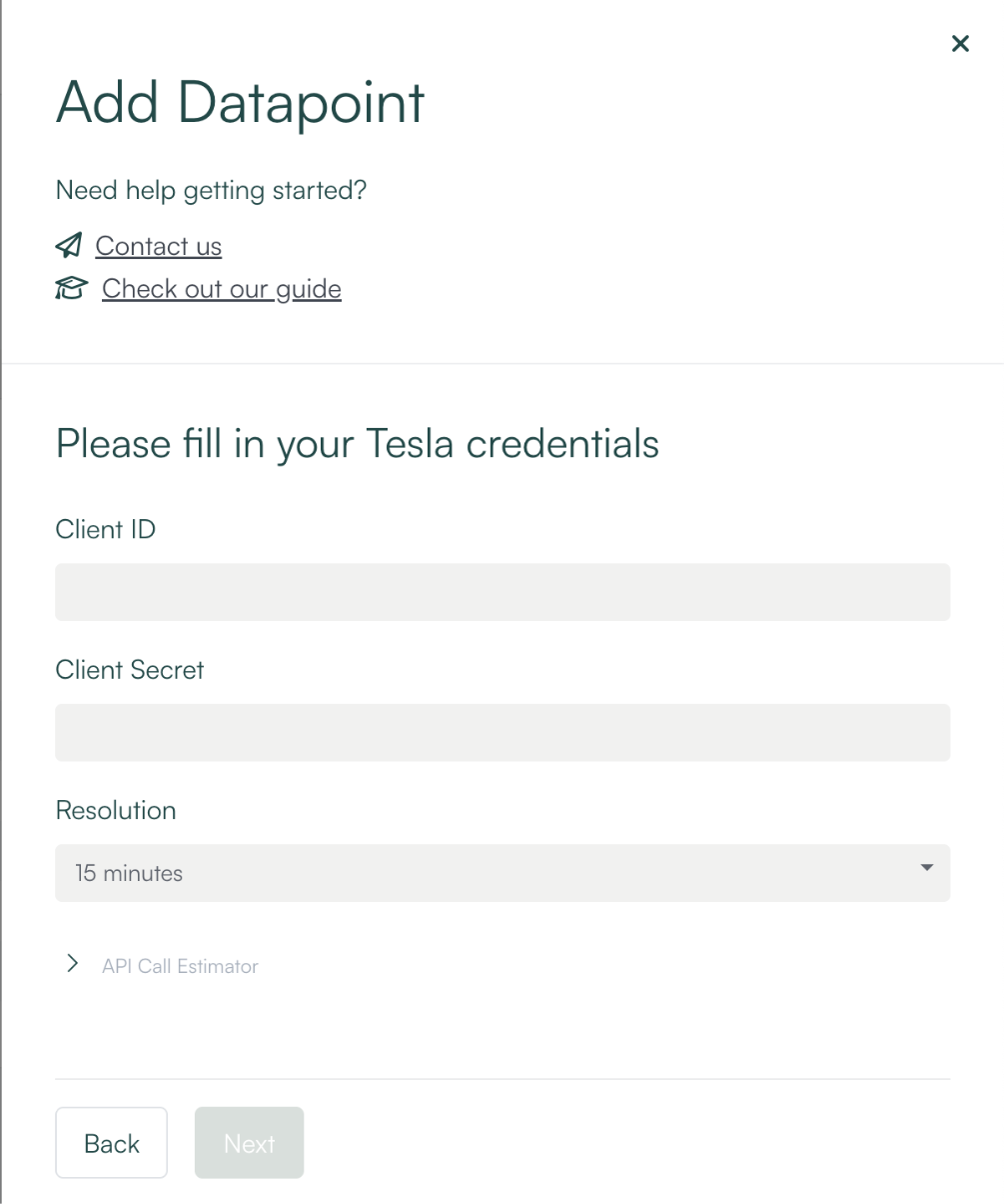 enSights Add Datapoint form: Tesla credentials with Client ID, Client Secret and Resolution fields