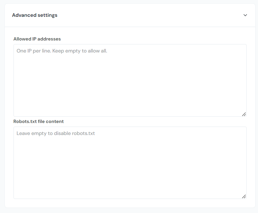 The Advanced settings screen of the Customer portal showing where allowed IP addresses and Robots txt file content can be added